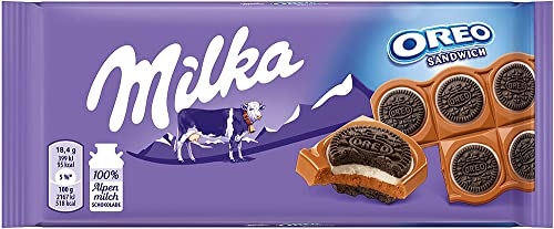 Milka OREO Sandwich - Alpenmilch-Schokolade mit OREO Keksen - 1 x 92g - Tafelschokolade aus 100% Alpenmilch - Packung mi