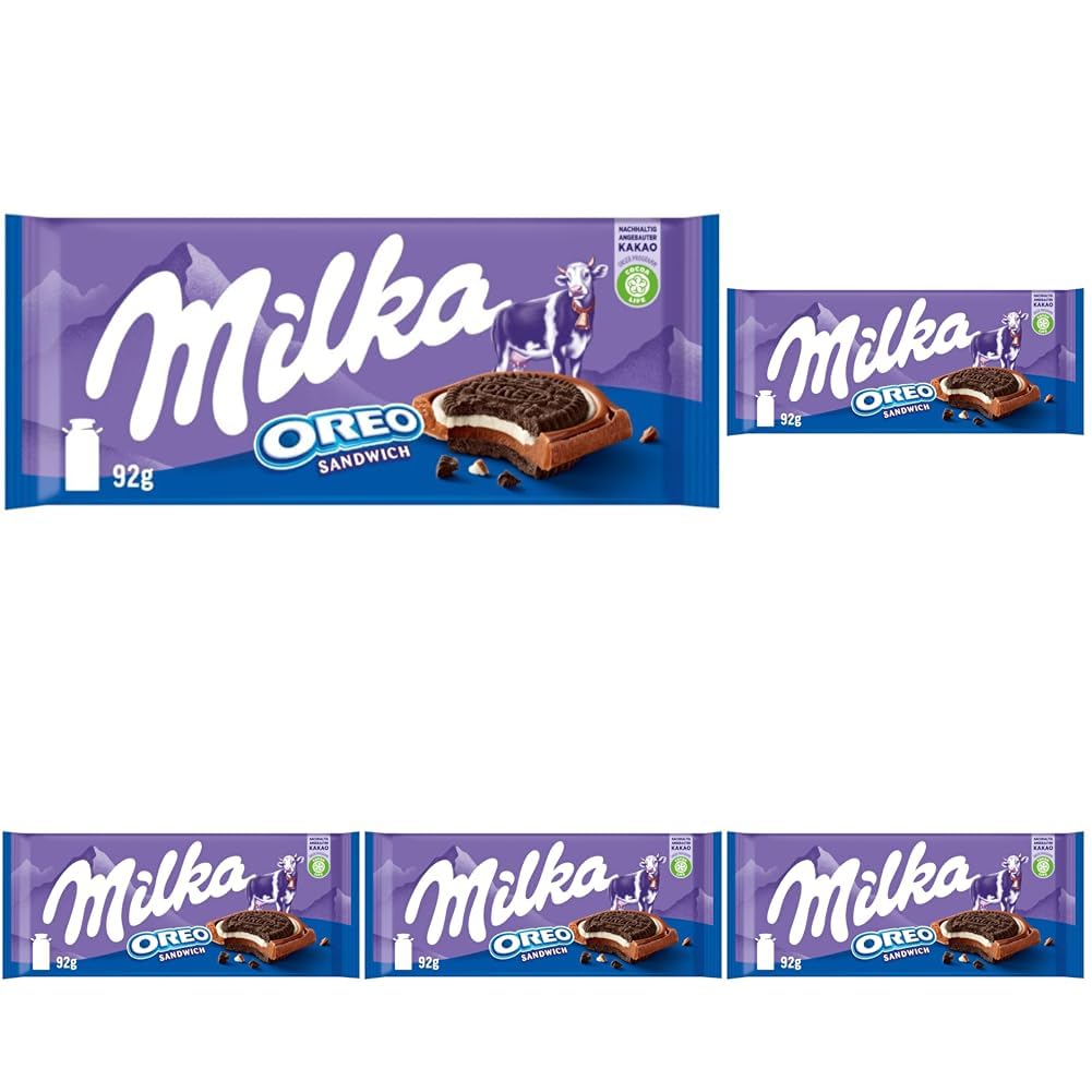 Milka OREO Sandwich - Alpenmilch-Schokolade mit OREO Keksen - 1 x 92g - Tafelschokolade aus 100% Alpenmilch - Packung mi