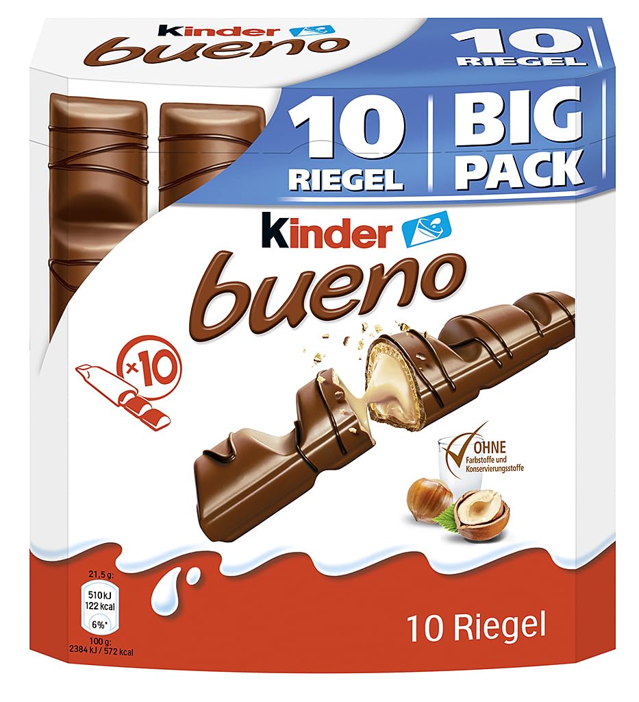 Kinder Bueno Big Pack – Schokoriegel mit knuspriger Waffel – Perfekt für Kinder – 1 Großpackung (10 x 21,5 g)  
Kinder B